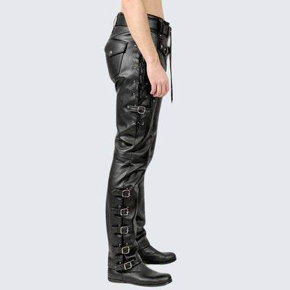 Men's Black Genuine Leather Lace-Up Biker Pants in Slim Fit Gothic Punk Style
