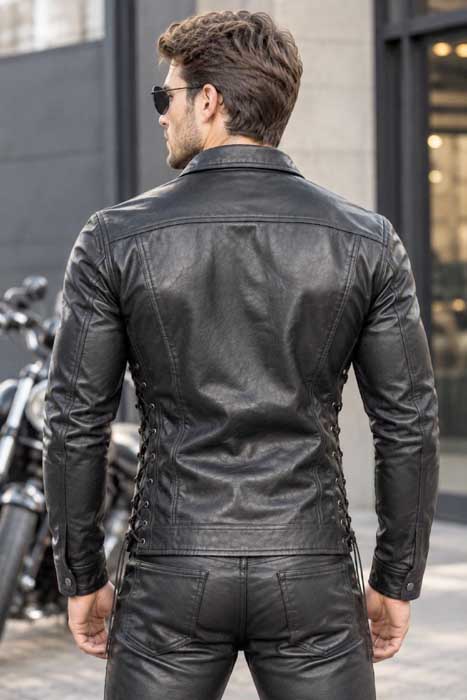 Handmade black leather biker shirt with adjustable lace-up front
