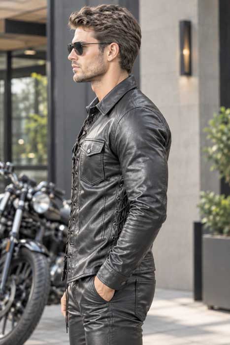 Men's black leather motorcycle shirt with classic shirt collar
