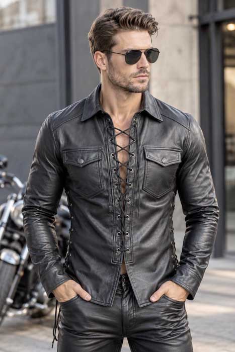 Men's black genuine leather lace-up shirt with long sleeves