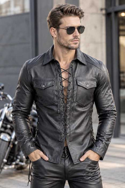Men's black genuine leather lace-up shirt with long sleeves