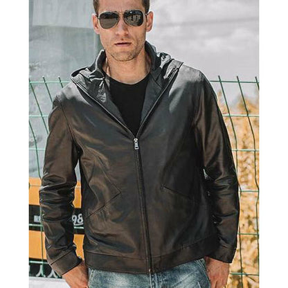 Men's Black Leather Motorcycle Jacket with Hood