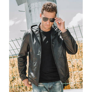 Men's Black Leather Motorcycle Jacket with Hood