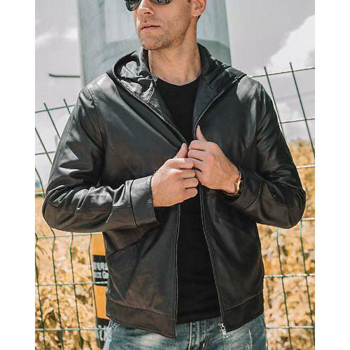 Men's Black Leather Motorcycle Jacket with Hood