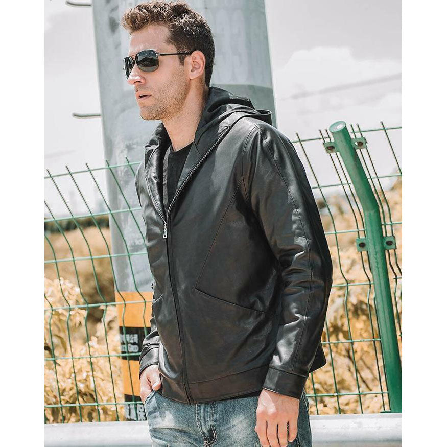 Men's Black Leather Motorcycle Jacket with Hood