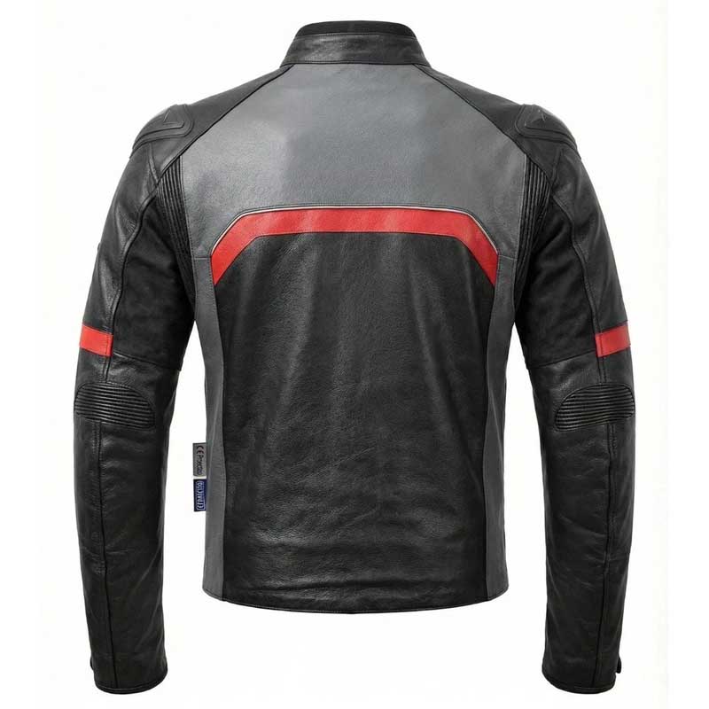 black leather riding jacket with external shoulder guards and zippered pockets.