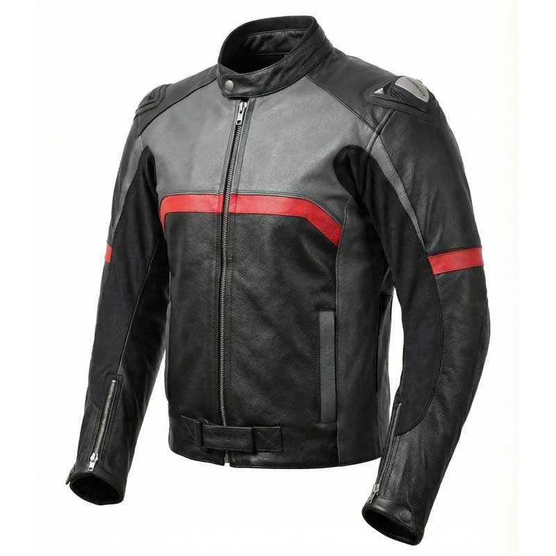 the shoulder protection and perforated leather panels on a men's motorcycle jacket.