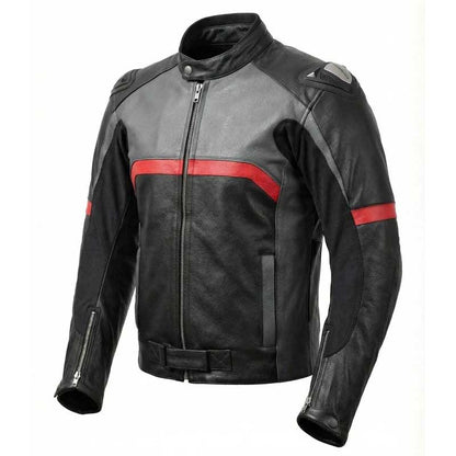 the shoulder protection and perforated leather panels on a men's motorcycle jacket.