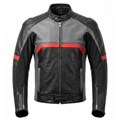 Men's black full-grain cowhide leather motorcycle jacket with removable armor.