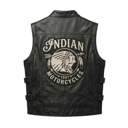 Black leather biker riding waistcoat with front button closure