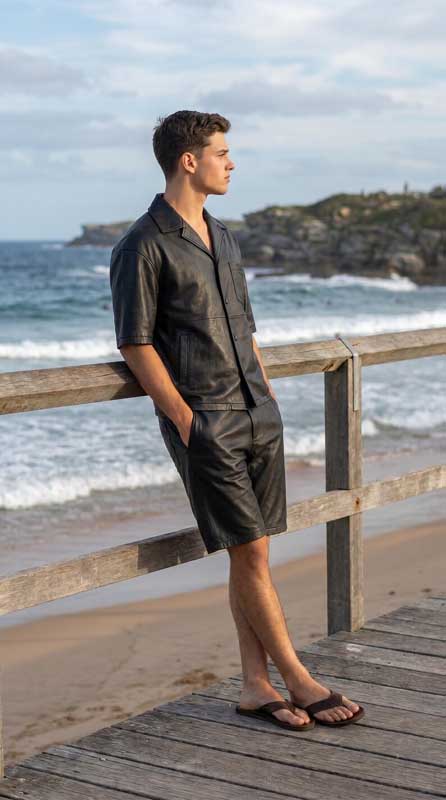 Men’s Black Sheepskin Leather Cuban Collar Shirt and Shorts Set