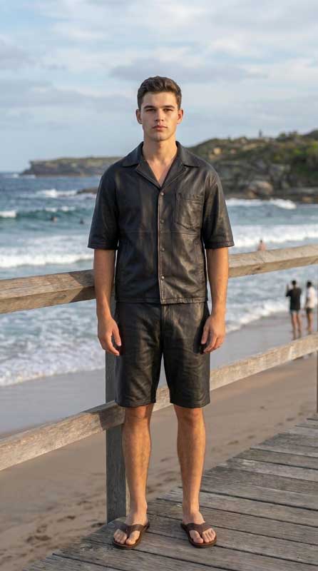 Men’s Black Sheepskin Leather Cuban Collar Shirt and Shorts Set