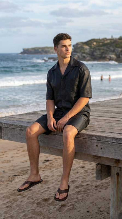 Men’s Black Sheepskin Leather Cuban Collar Shirt and Shorts Set