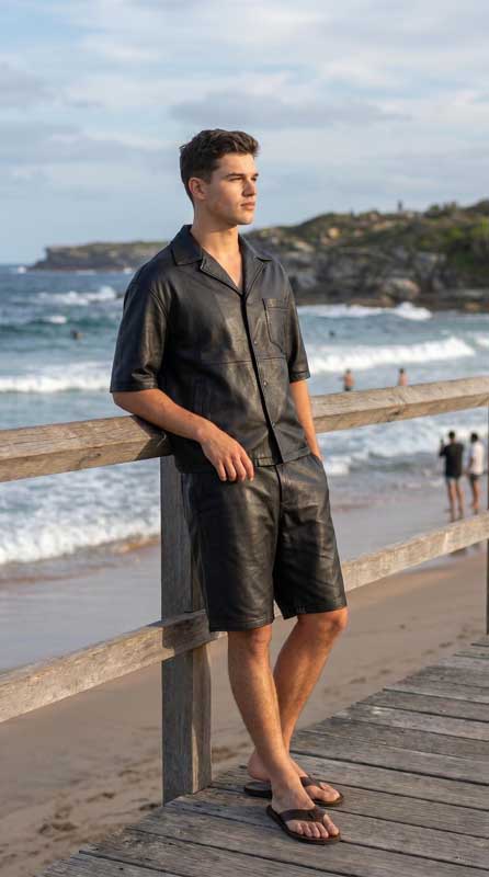 Men’s Black Sheepskin Leather Cuban Collar Shirt and Shorts Set - 3amoto shop