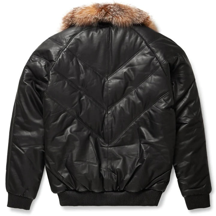 Men's Black Leather V-Bomber Jacket with Crystal Fox Fur