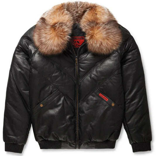 Men's Black Leather V-Bomber Jacket with Crystal Fox Fur - Fashion Leather Jackets USA - 3AMOTO