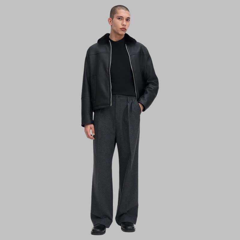 black leather fur collar winter jacket for men