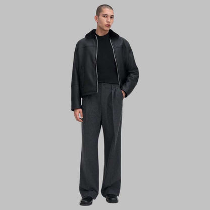 black leather fur collar winter jacket for men