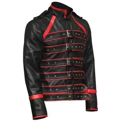 men's black and red Halloween-style biker jacket.