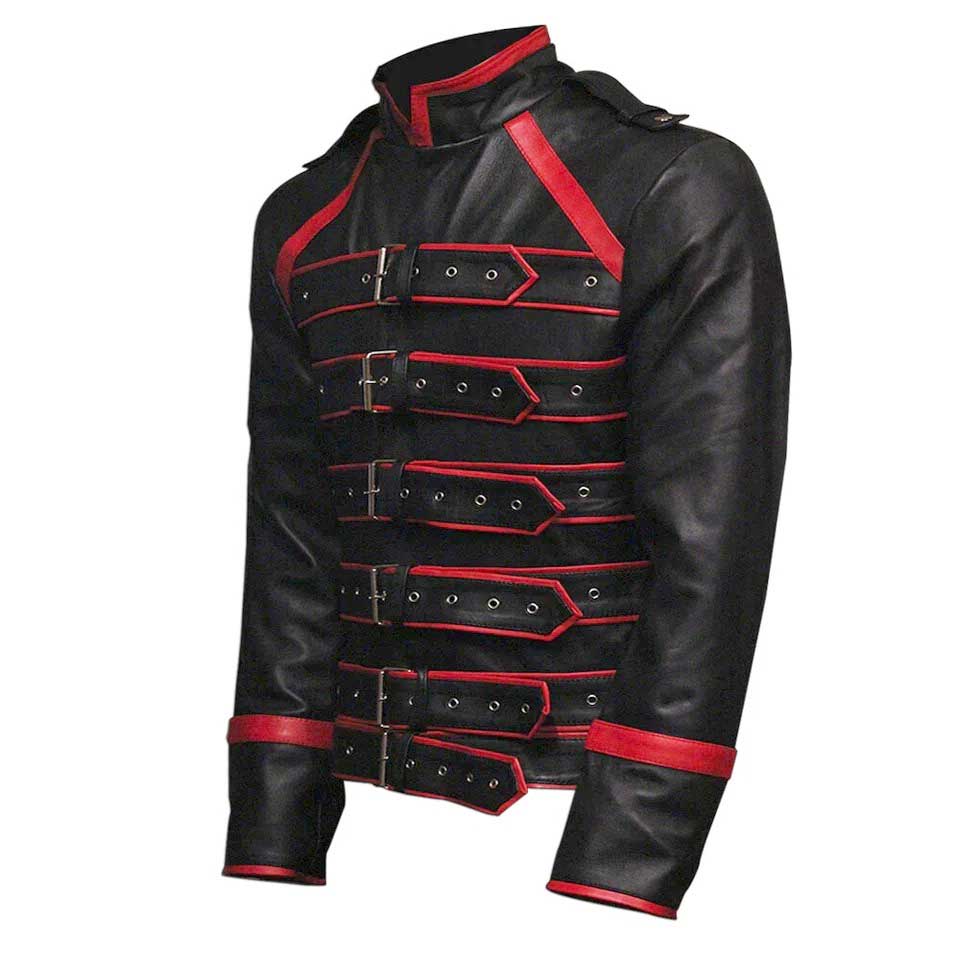 Men's concert-inspired biker jacket featuring decorative strap details.
