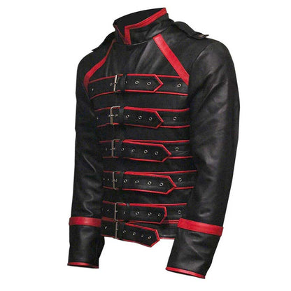 Men's concert-inspired biker jacket featuring decorative strap details.