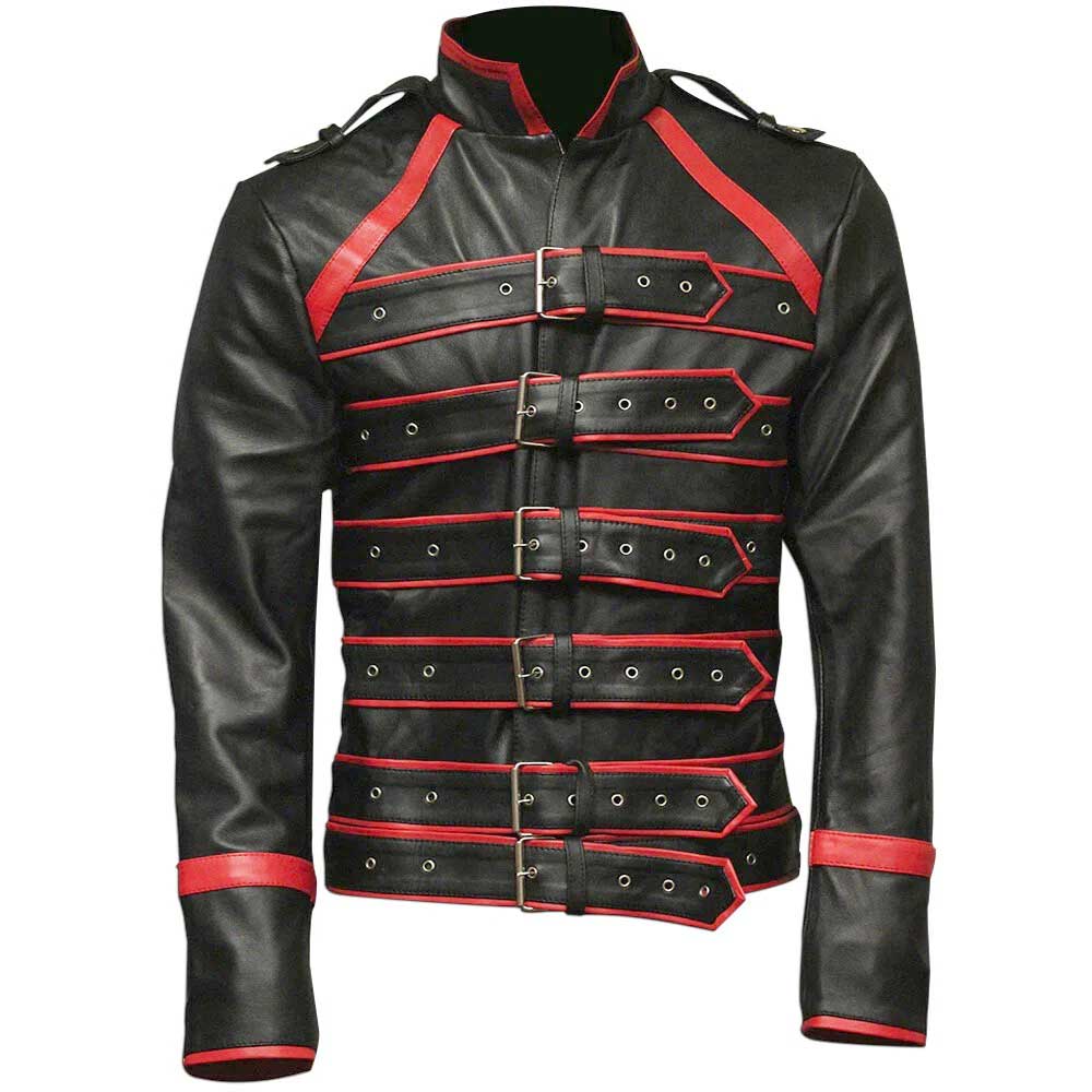 Men's black and red concert biker strap jacket with bold alternative styling.