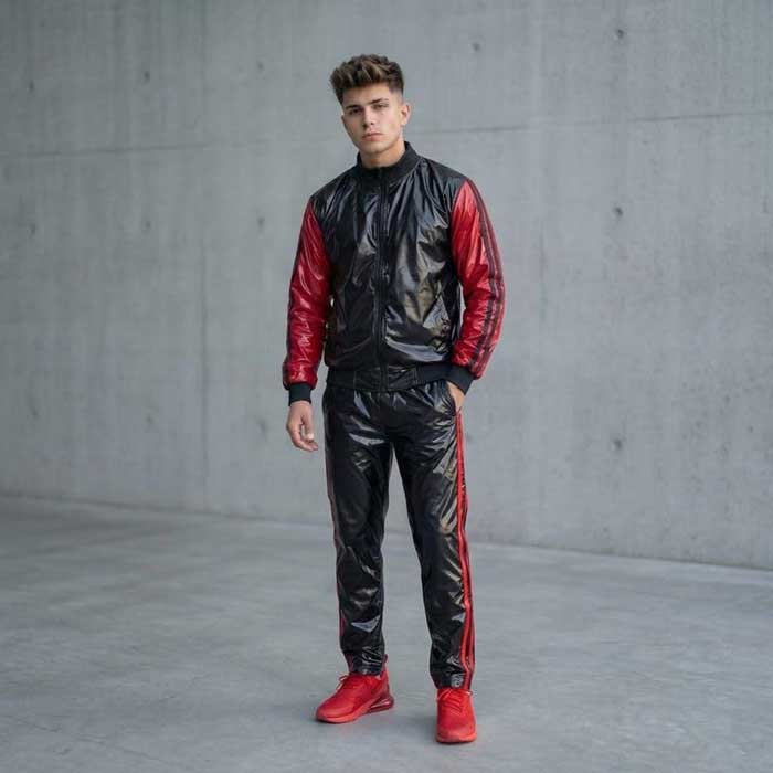Men’s Black and Red Sheepskin Leather Zip Up Tracksuit Set