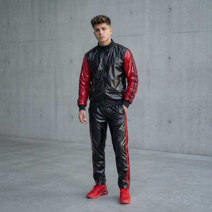 Men’s Black and Red Sheepskin Leather Zip Up Tracksuit Set