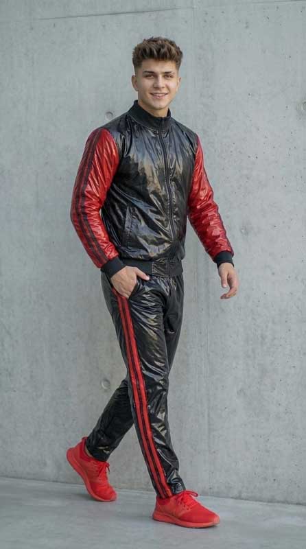 Men’s Black and Red Sheepskin Leather Zip Up Tracksuit Set
