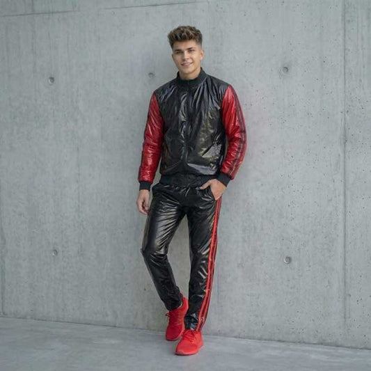 Men’s Black and Red Sheepskin Leather Zip Up Tracksuit Set - 3amoto shop