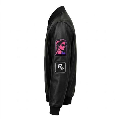 retro-inspired decorative patches on black bomber jacket