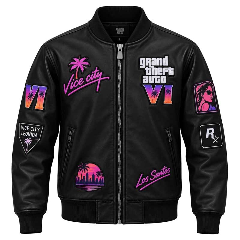 Men’s black bomber jacket with retro gaming-inspired decorative patches