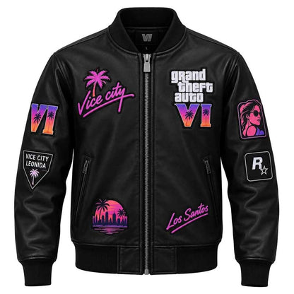 Men’s black bomber jacket with retro gaming-inspired decorative patches