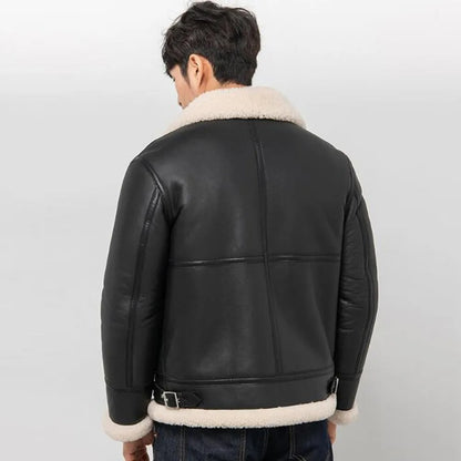 Men's Black Shearling Aviator Jacket - Lapel Collar Leather Jacket