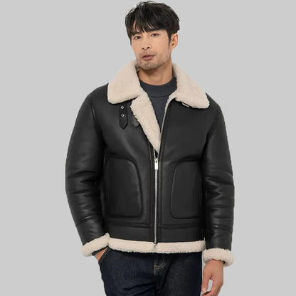 Men's Black Shearling Aviator Jacket - Lapel Collar Leather Jacket