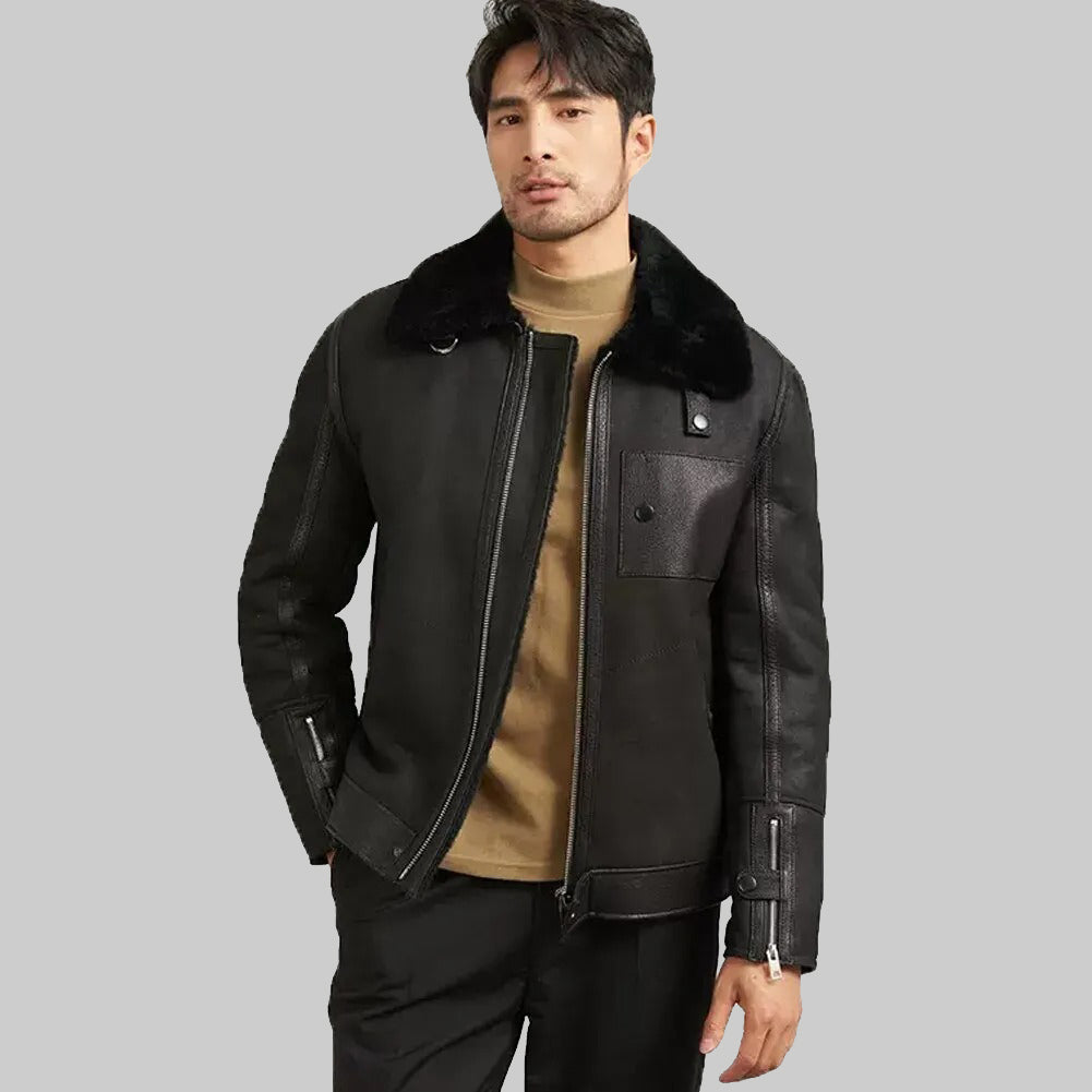 Men's Black Shearling Flight Jacket - Best Leather Coat