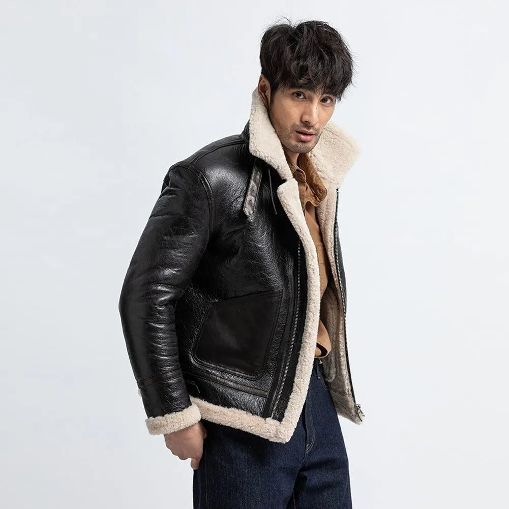 Men's Black Shearling Flight Jacket - Sheepskin Coat