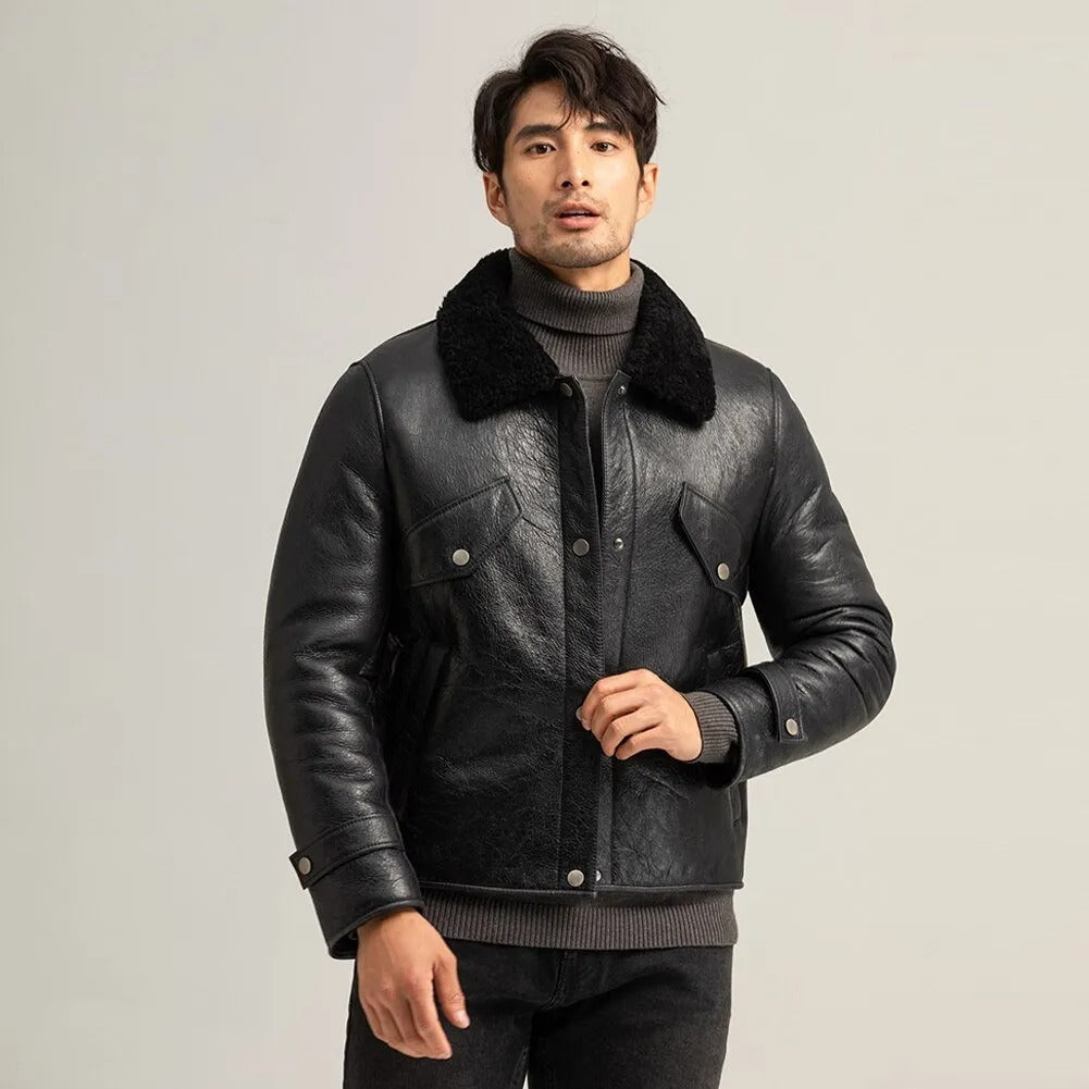 Men's Black Shearling Pilot Sheepskin Leather Jacket