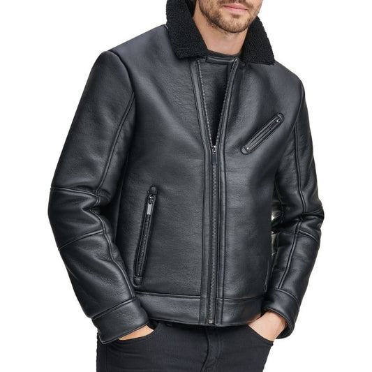 Men's Black Shearling Sheepskin Leather Jacket - 3amoto shop