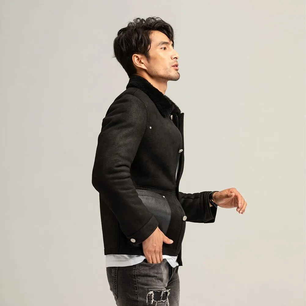 Men's Black Shearling Suede Jacket - Short Sheepskin Coat