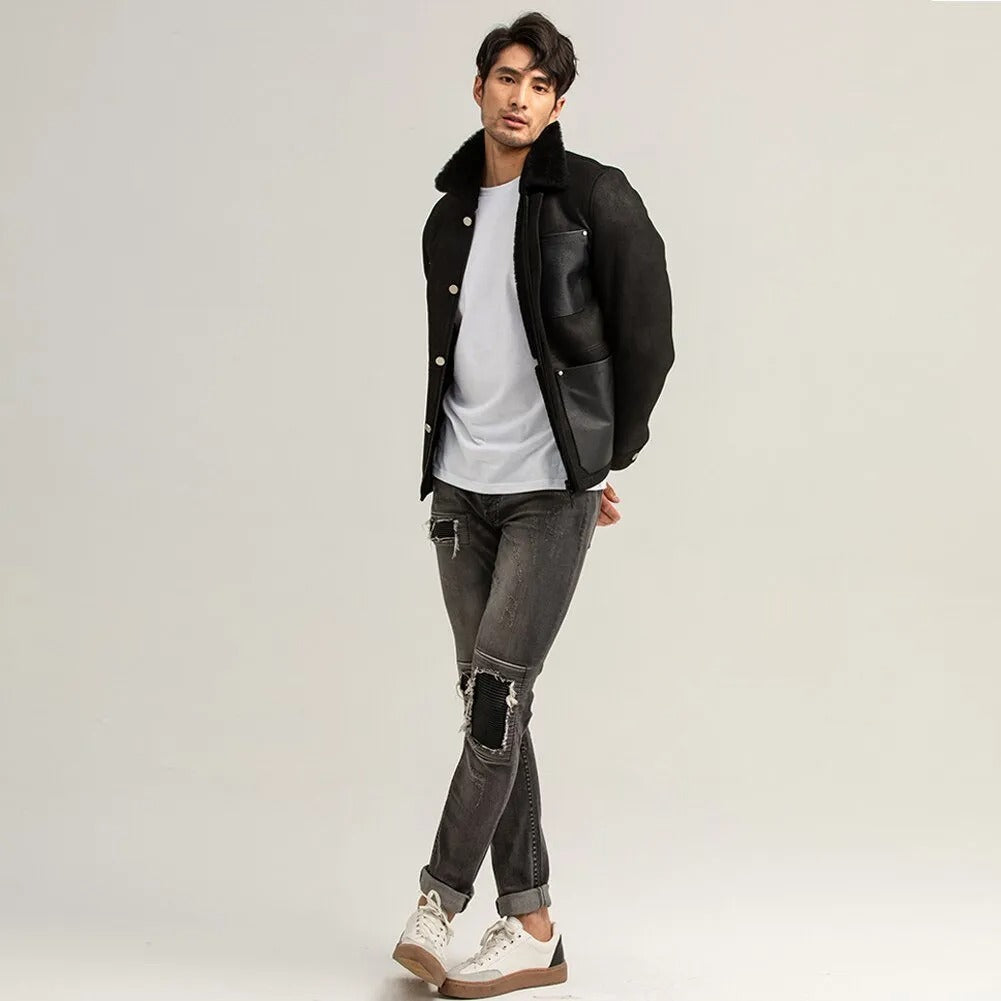 Men's Black Shearling Suede Jacket - Short Sheepskin Coat