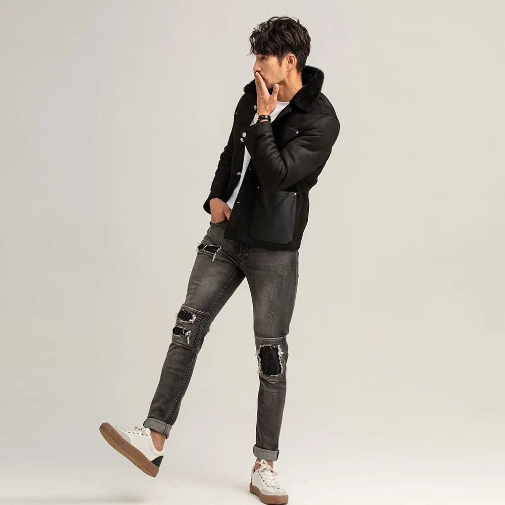 Men's Black Shearling Suede Jacket - Short Sheepskin Coat