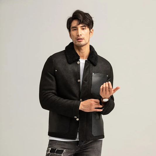 Men's Black Shearling Suede Jacket - Short Sheepskin Coat - Fashion Leather Jackets USA - 3AMOTO