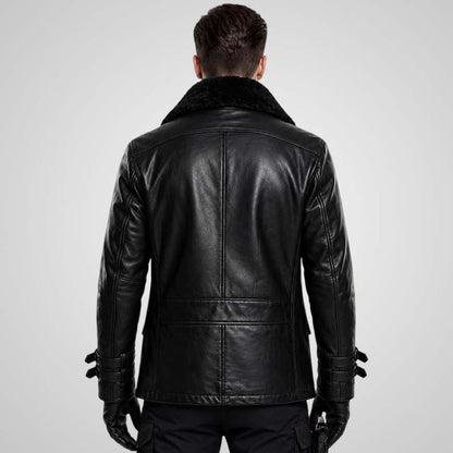 Black men's slim fit leather biker winter jacket