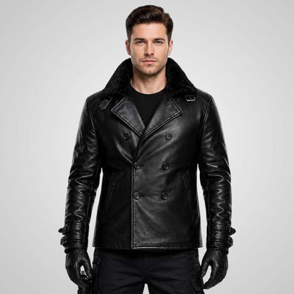 Men's black sheep leather double-breasted biker coat
