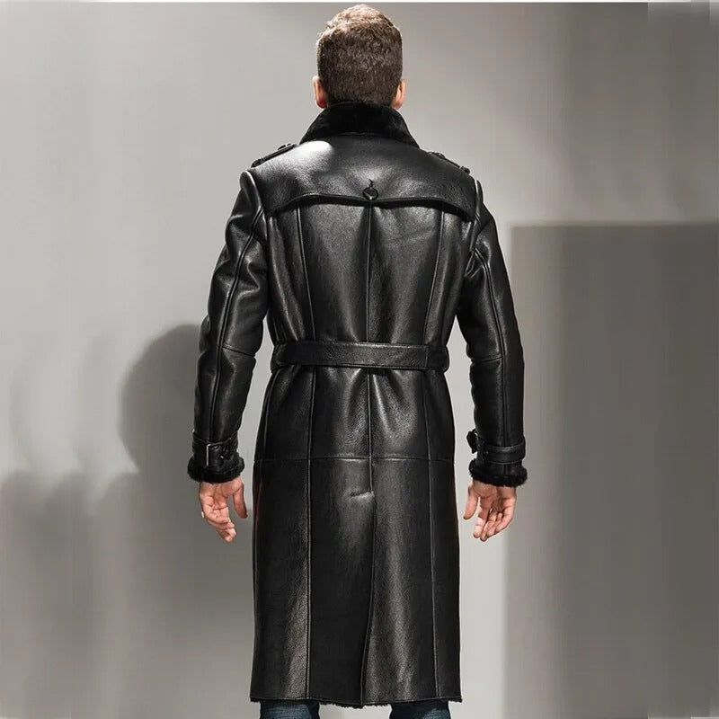 Black Leather Trench Coat Women's Genuine Lambskin Winter Long Overcoat  Jacket