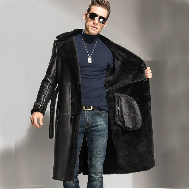 Men's Black Sheepskin Shearling Coat - Long Leather Overcoat