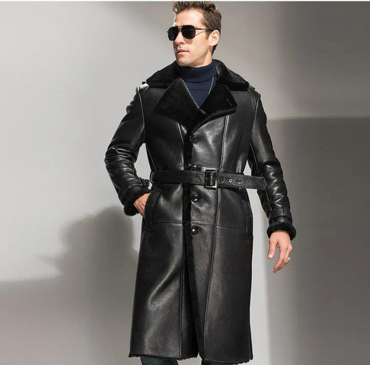 Men's Black Sheepskin Shearling Coat - Long Leather Overcoat - 3amoto shop