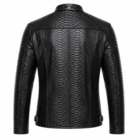 Black men's snake textured leather motorcycle jacket