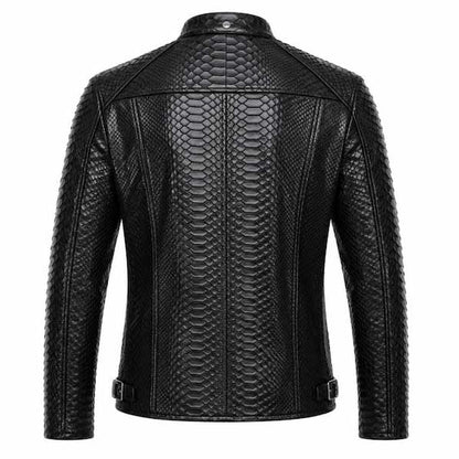 Black men's snake textured leather motorcycle jacket